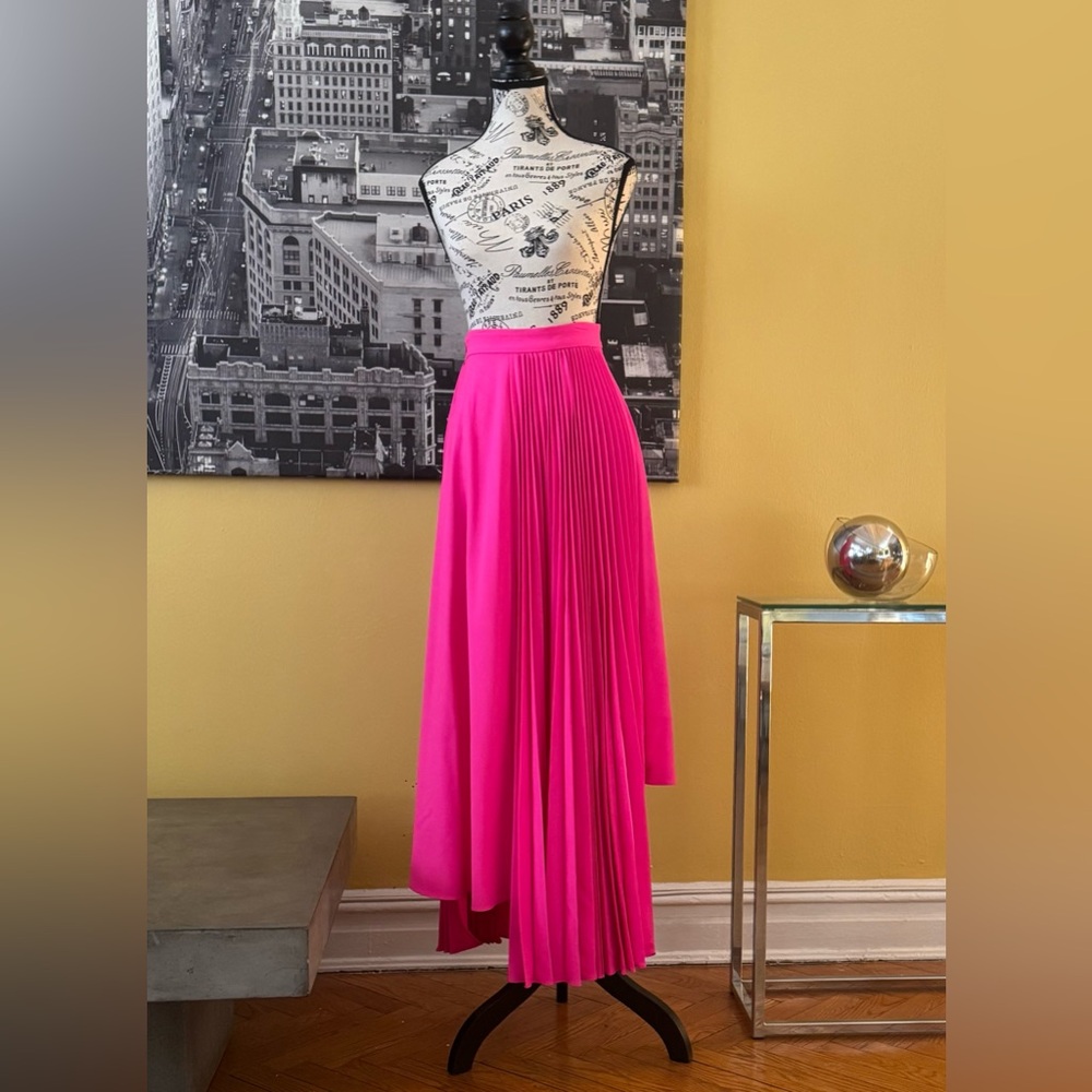 Christopher John Rogers Pleated Asymmetric Skirt Neon Pink Wool Blend - Picture 4 of 15